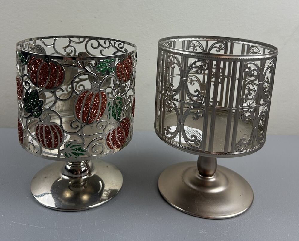 (2) Bath & Body Works Fall Glitter Pumpkin Pedestal 3 Wick Candle Holder Fall